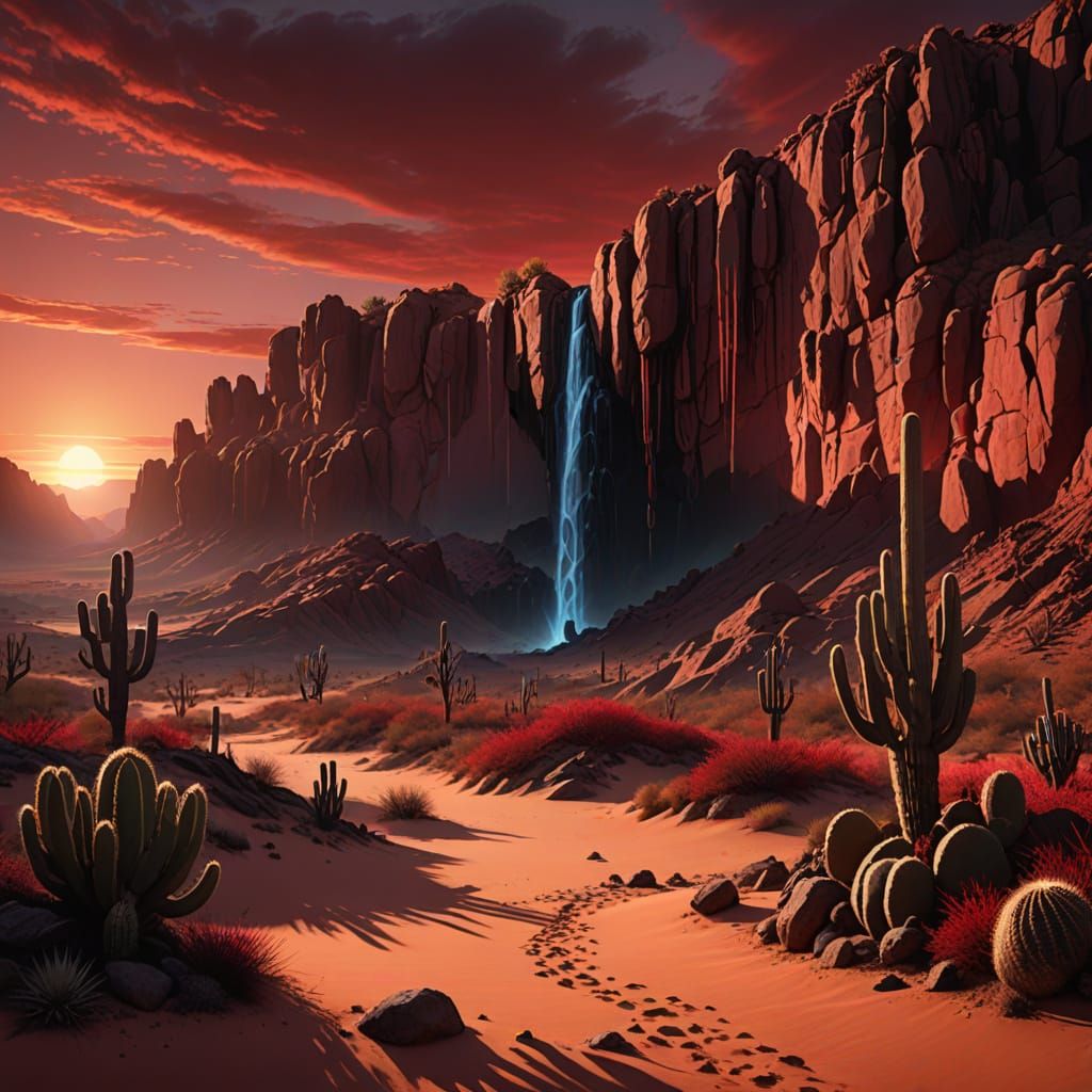 Crimson Desert Sunset with Cactus Waterfall in Digital Matte...