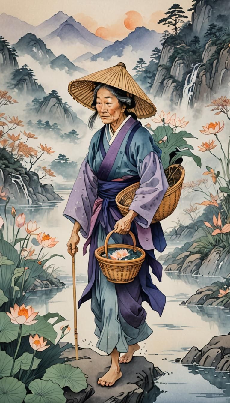 Ukiyo-e Print of Woman on Misty Mountain