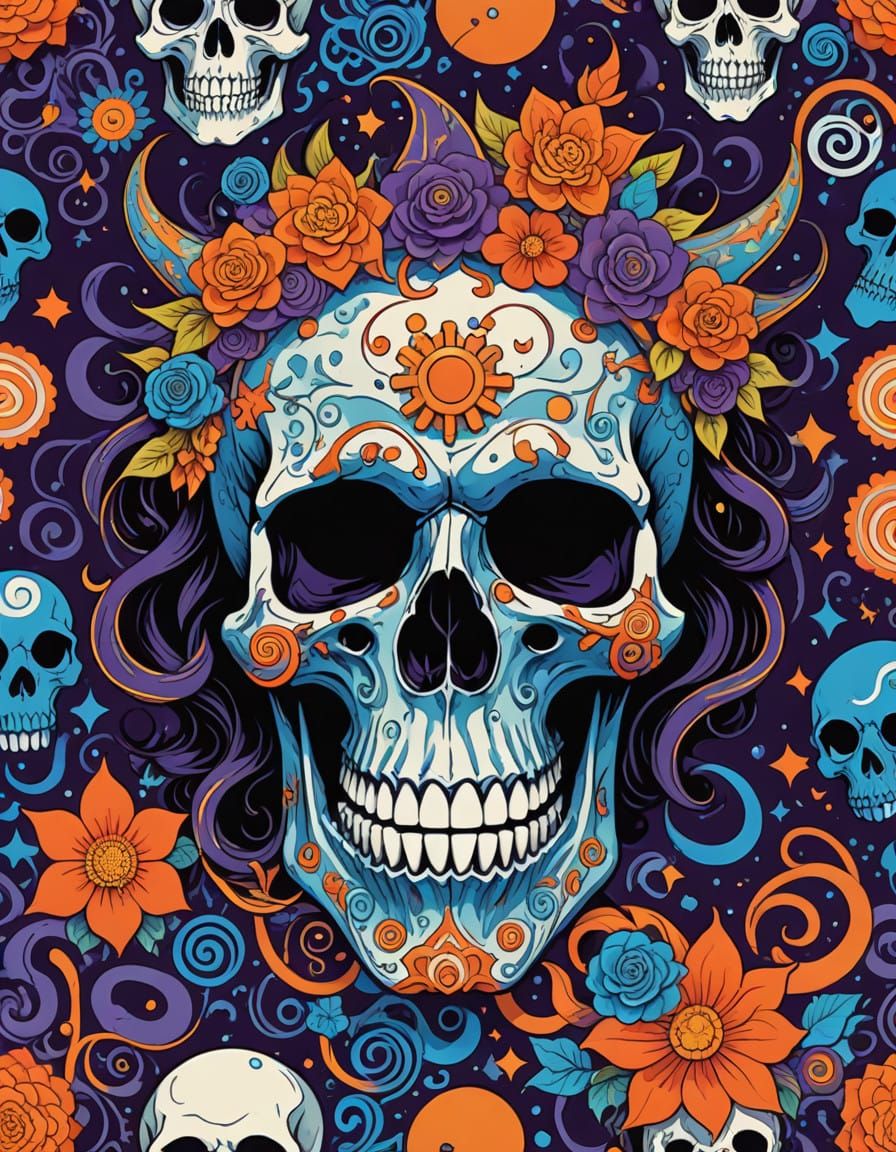 Whimsical Witch Skull in Vibrant, Swirling Patterns