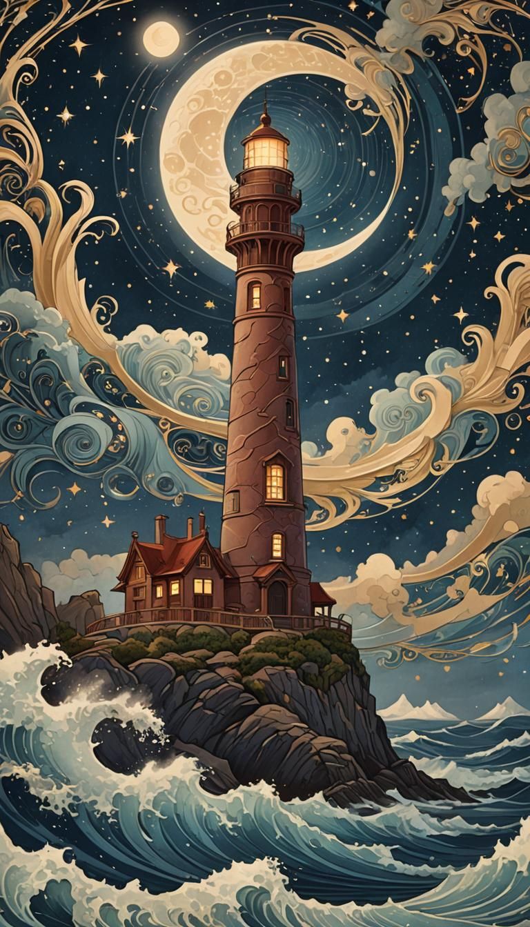 Art Nouveau Lighthouse Under Swirling Starry Sky