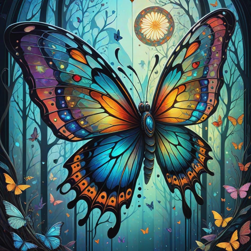 Surreal Stained Glass Butterfly Wings Flutter Around Heart-a...