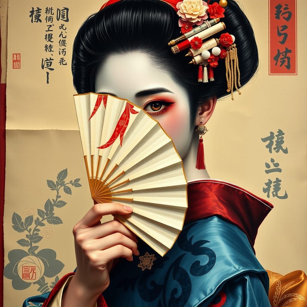 Japanese Geisha with Fan in Ukiyo-e Style