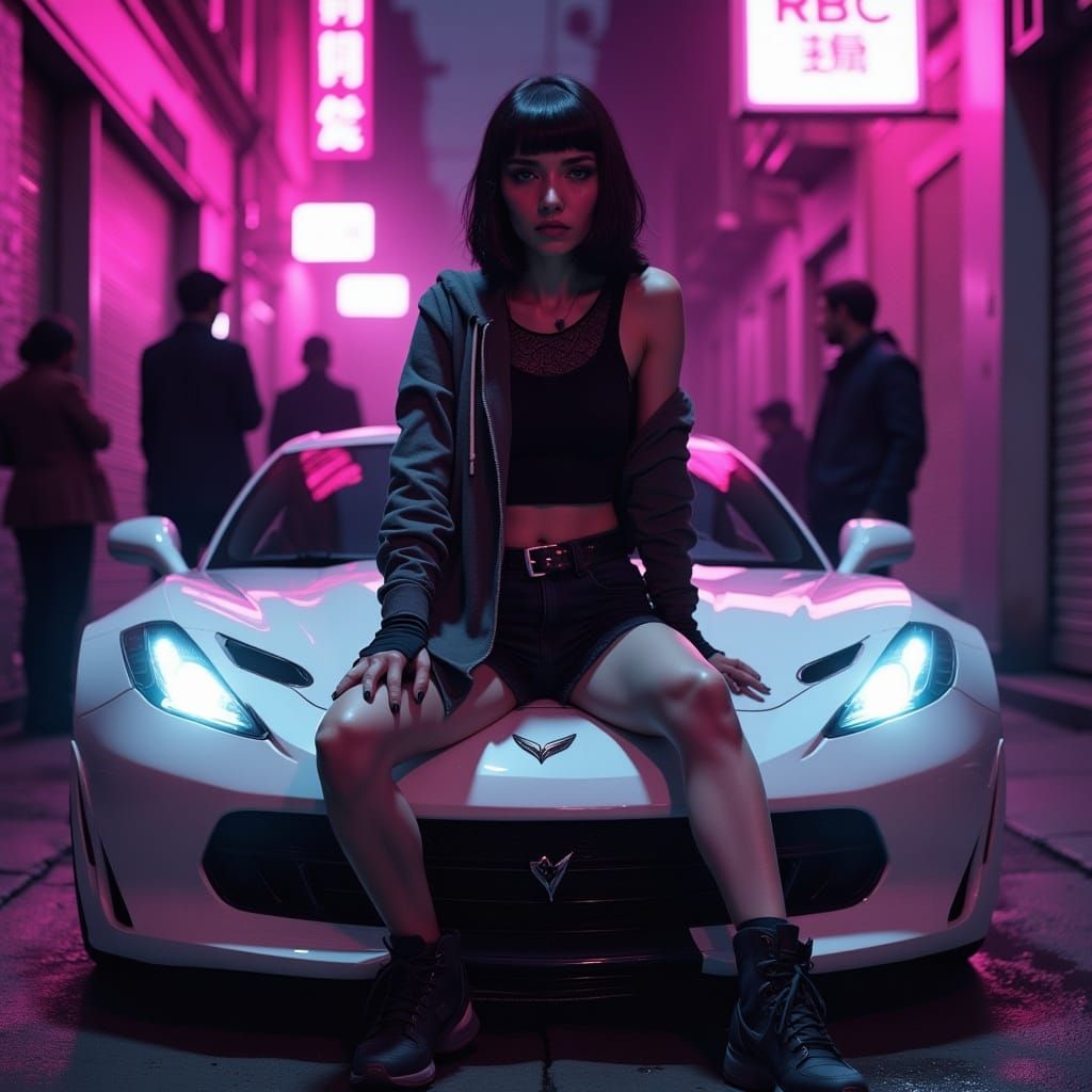 Cyberpunk Woman on Car in Neon Alley