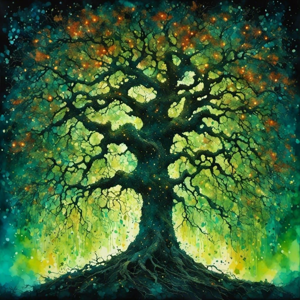 <lora:Atmos 2:1.0> <lora:Whimsy Backlight SDX:1.0> tree with bare branches; starting at bottom of trunk, wrap 24 inch ba...