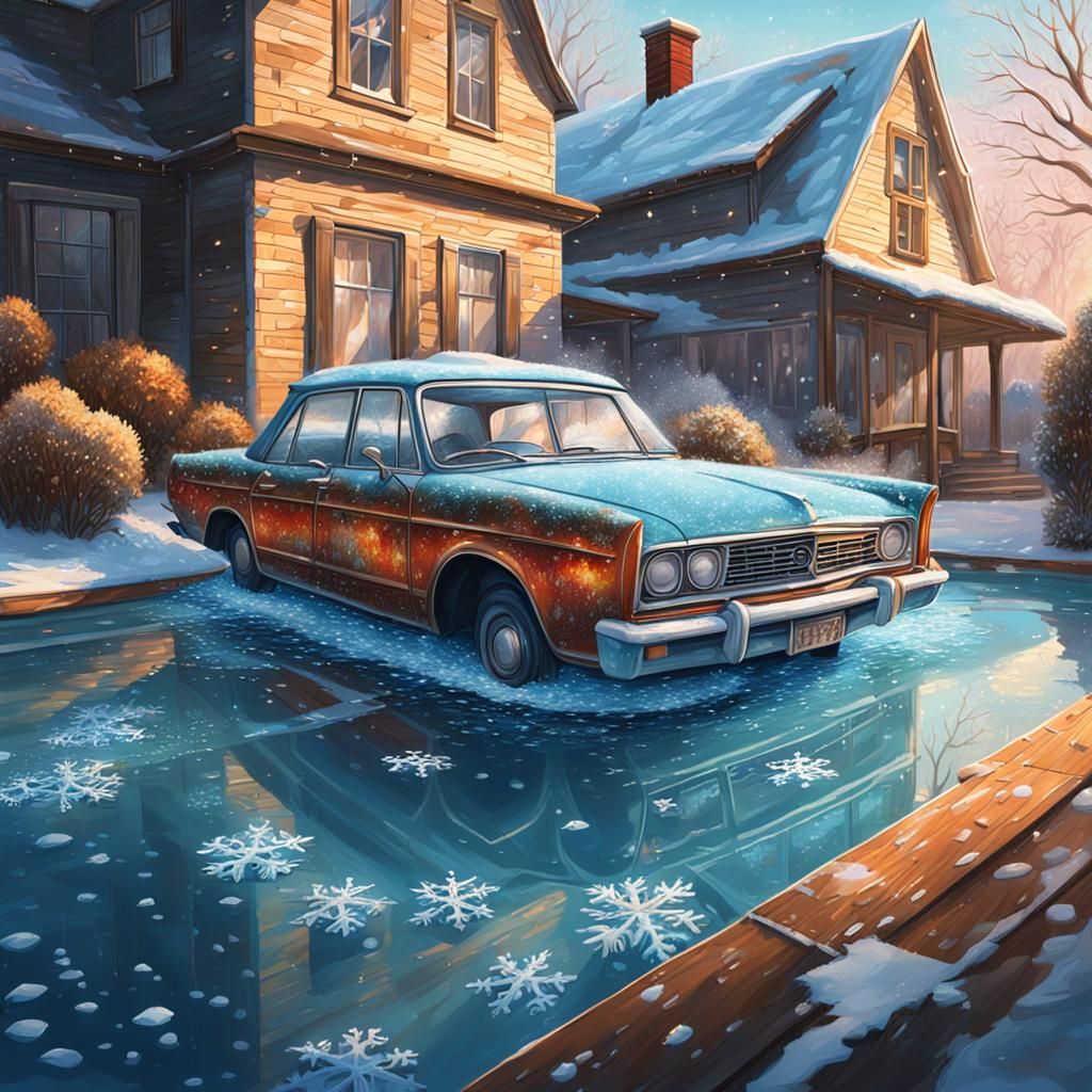 Icy Spring: Swimming Pool and Burning Car