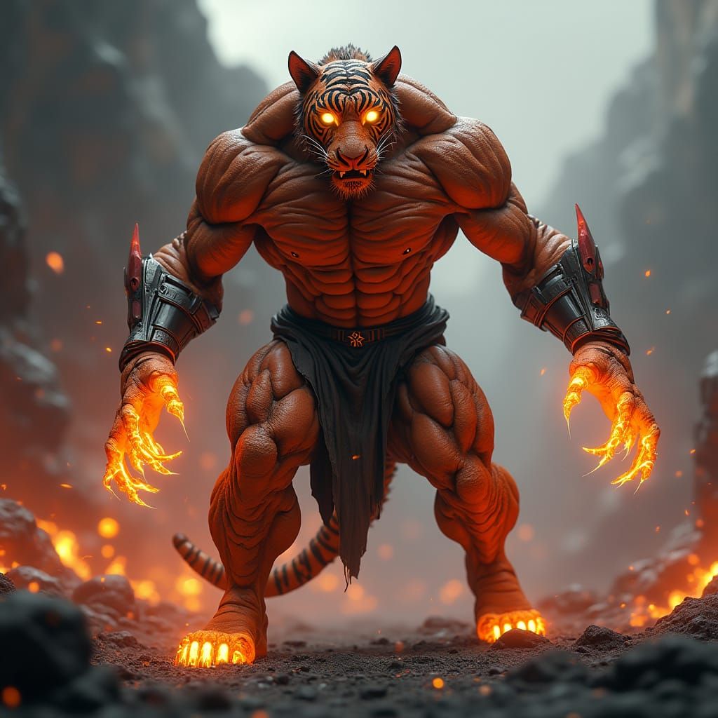 Cybernetic Tiger Warrior Unleashed in Volcanic Wasteland