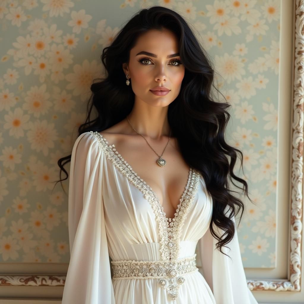 Elegant Woman with Long Black Hair in White Dress