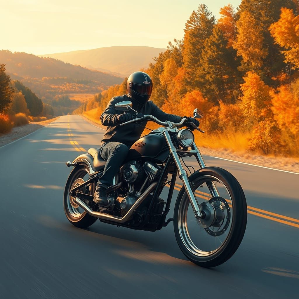 Motorcyclist Rides Through Autumn Landscape as Oil Painting