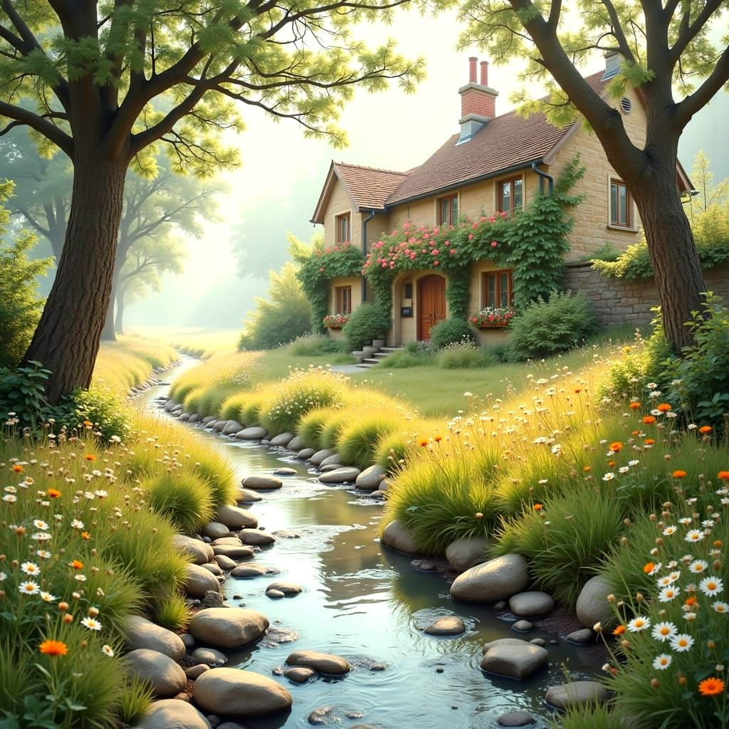 Peaceful Cobblestone Pathway to a Quaint Stone Cottage