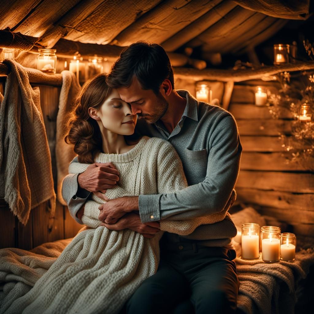 Romantic Couple Embrace in Cozy Forest Hut