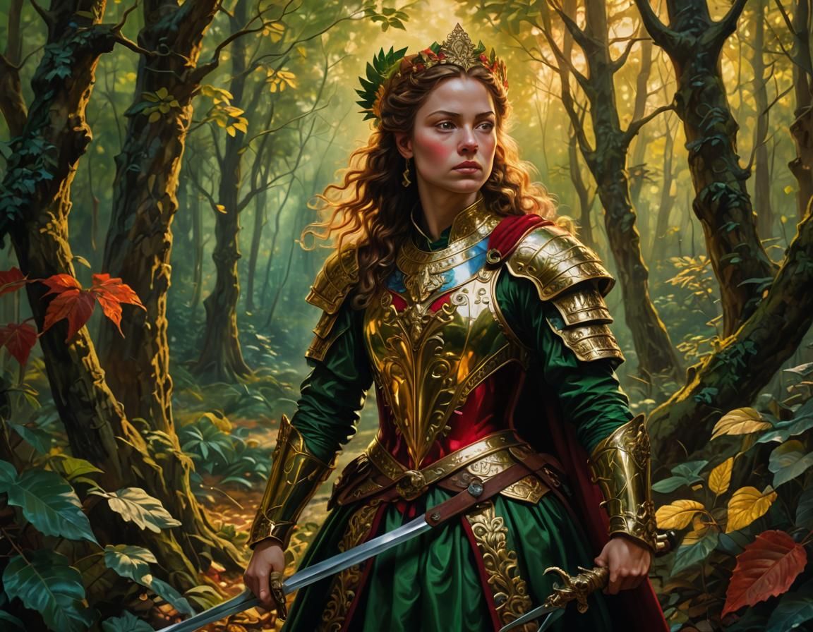 Warrior Princess in Enchanted Forest: Baroque Oil Painting
