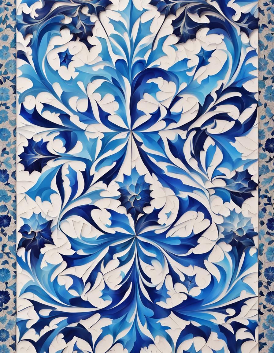Blue Ebru Art with Iznik Tile Patterns