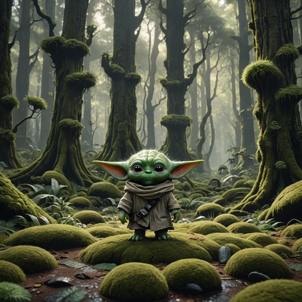 Grogu in Lush Forest: Detailed Matte Painting