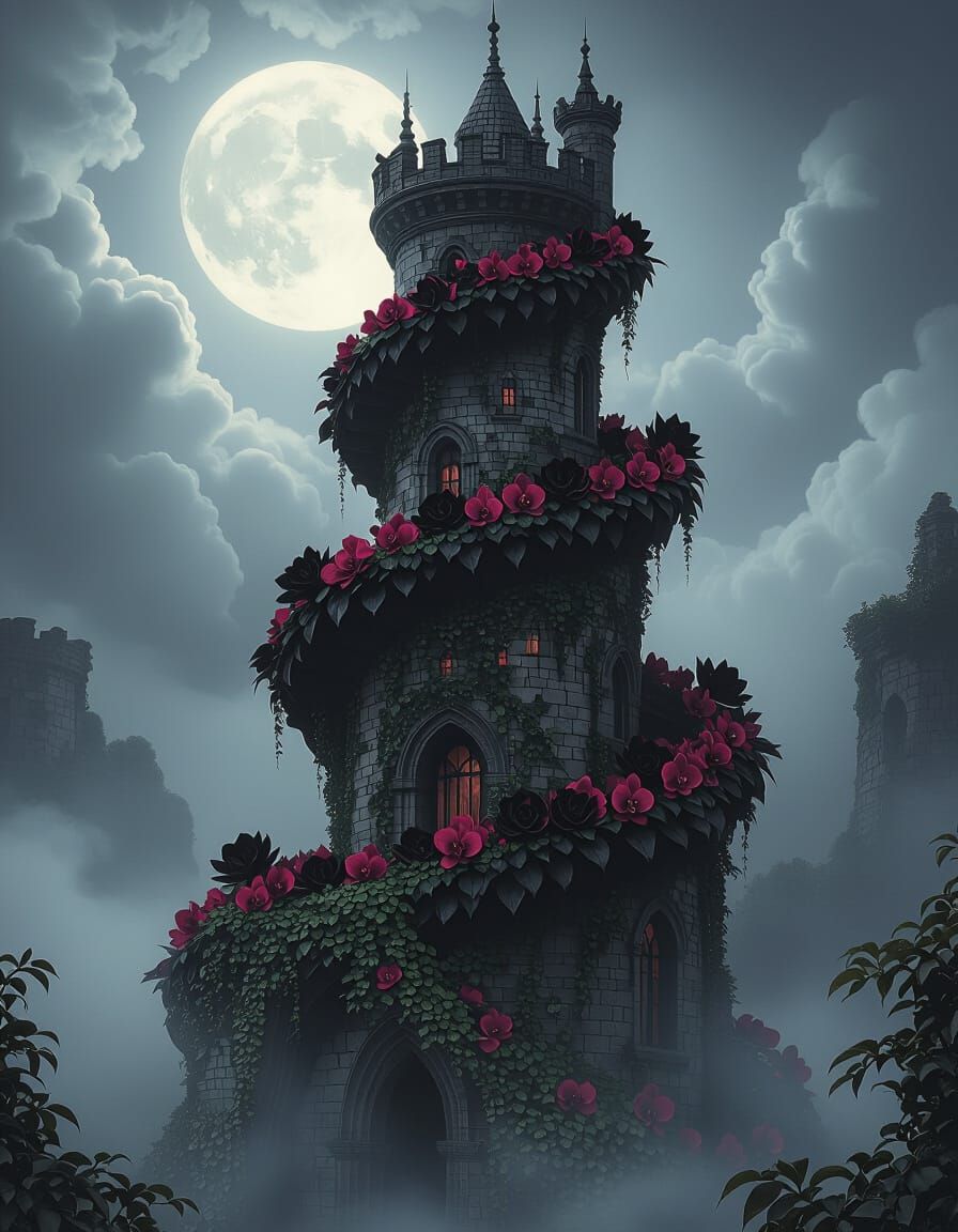 Gothic Orchid Castle in Moonlight: Dark Fantasy Art
