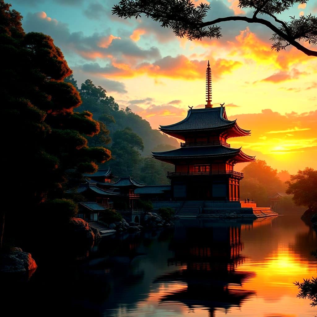 Kiyomizu-dera Temple Sunset: Detailed Matte Painting