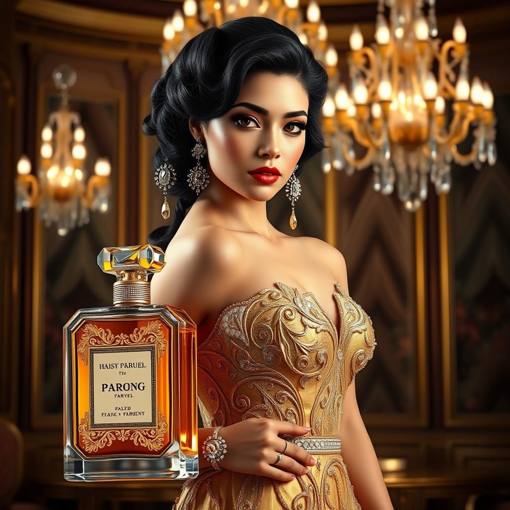 Elegant Latina Woman in Gold Evening Gown with Opulent Jewel...