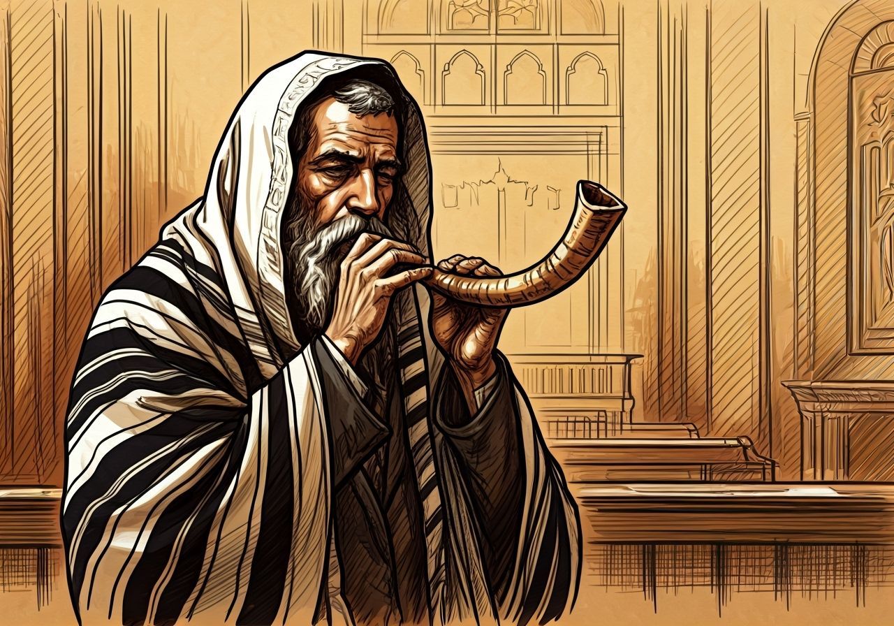 Jewish Man Blowing Shofar in Sketch Style