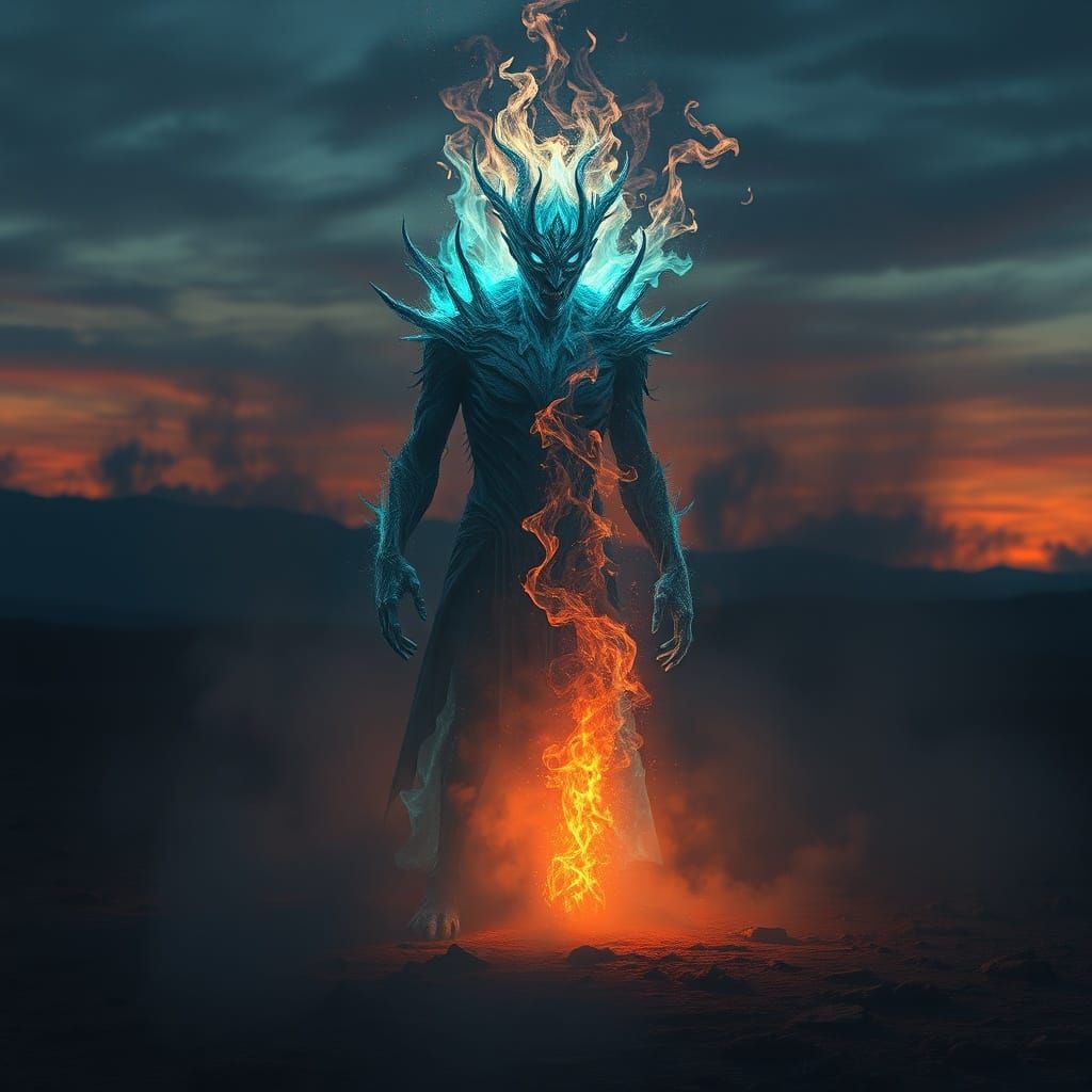 Ethereal Flame Entity in Desolate Fantasy Landscape