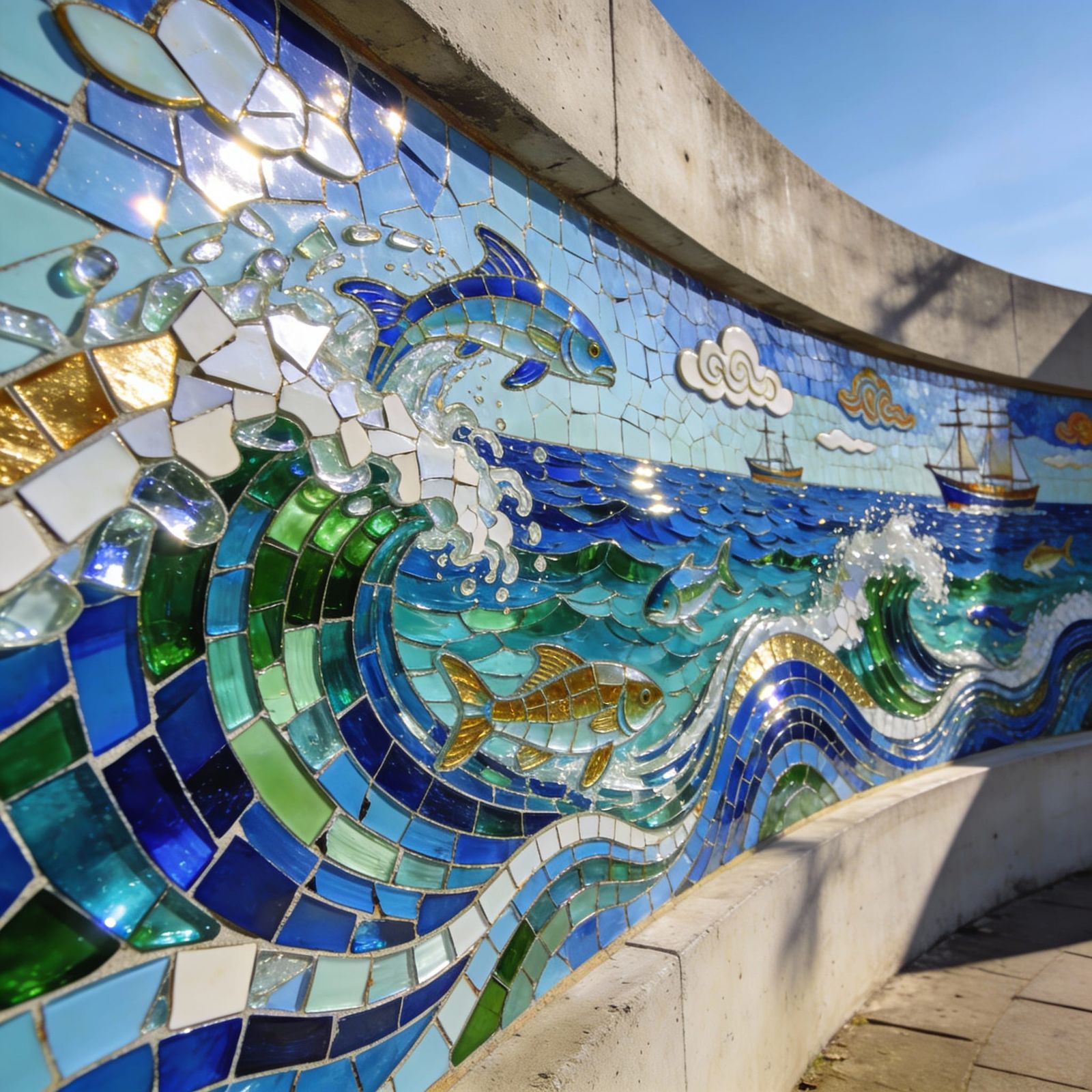 Vibrant Seascape Mosaic Mural of Shattered Glass and Ceramic