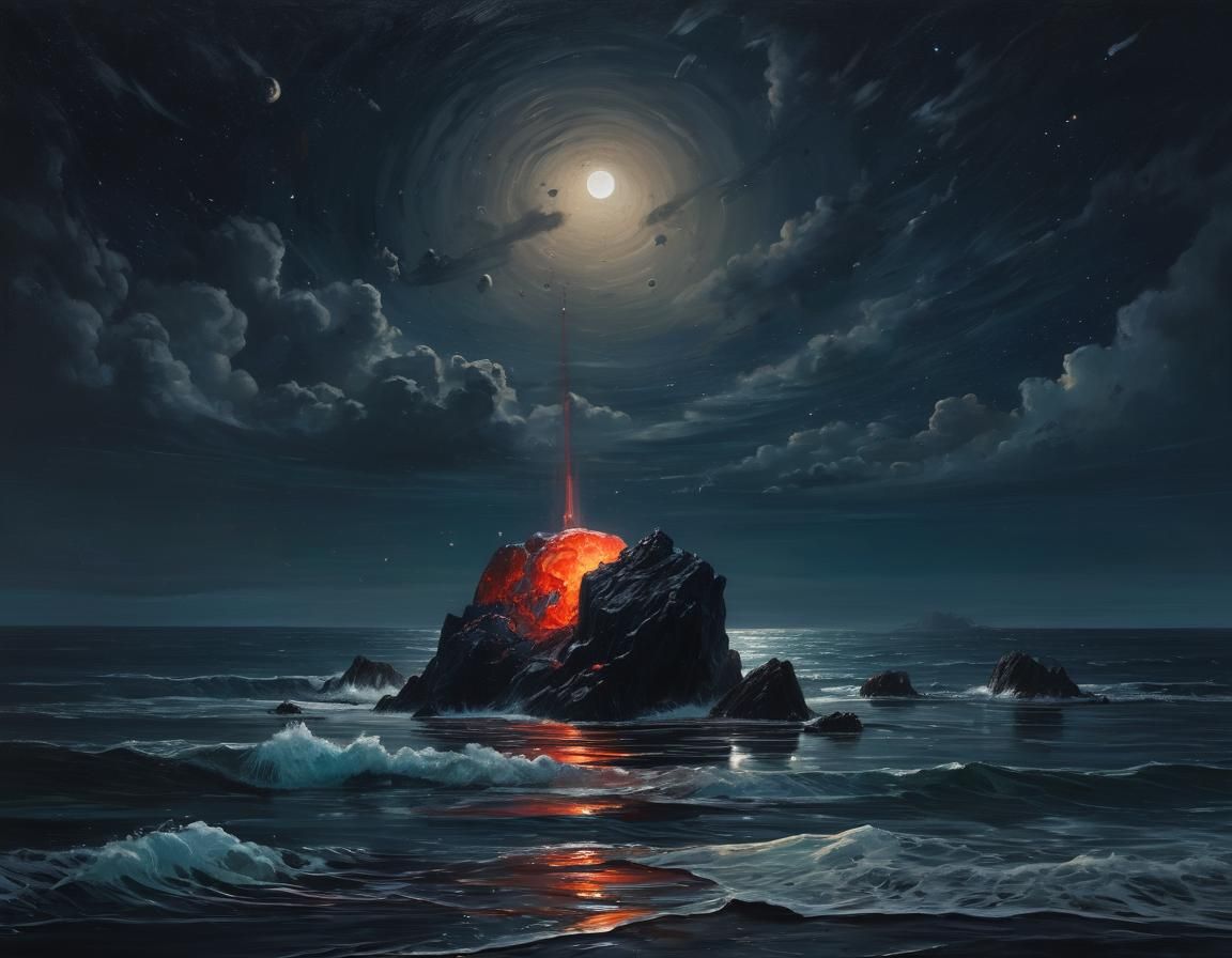 Surreal Asteroid Over Calm Sea Oil Painting