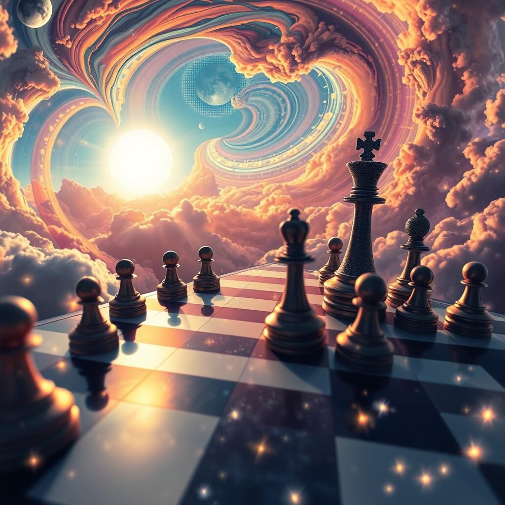 Surreal Celestial Chessboard with Sun and Moon