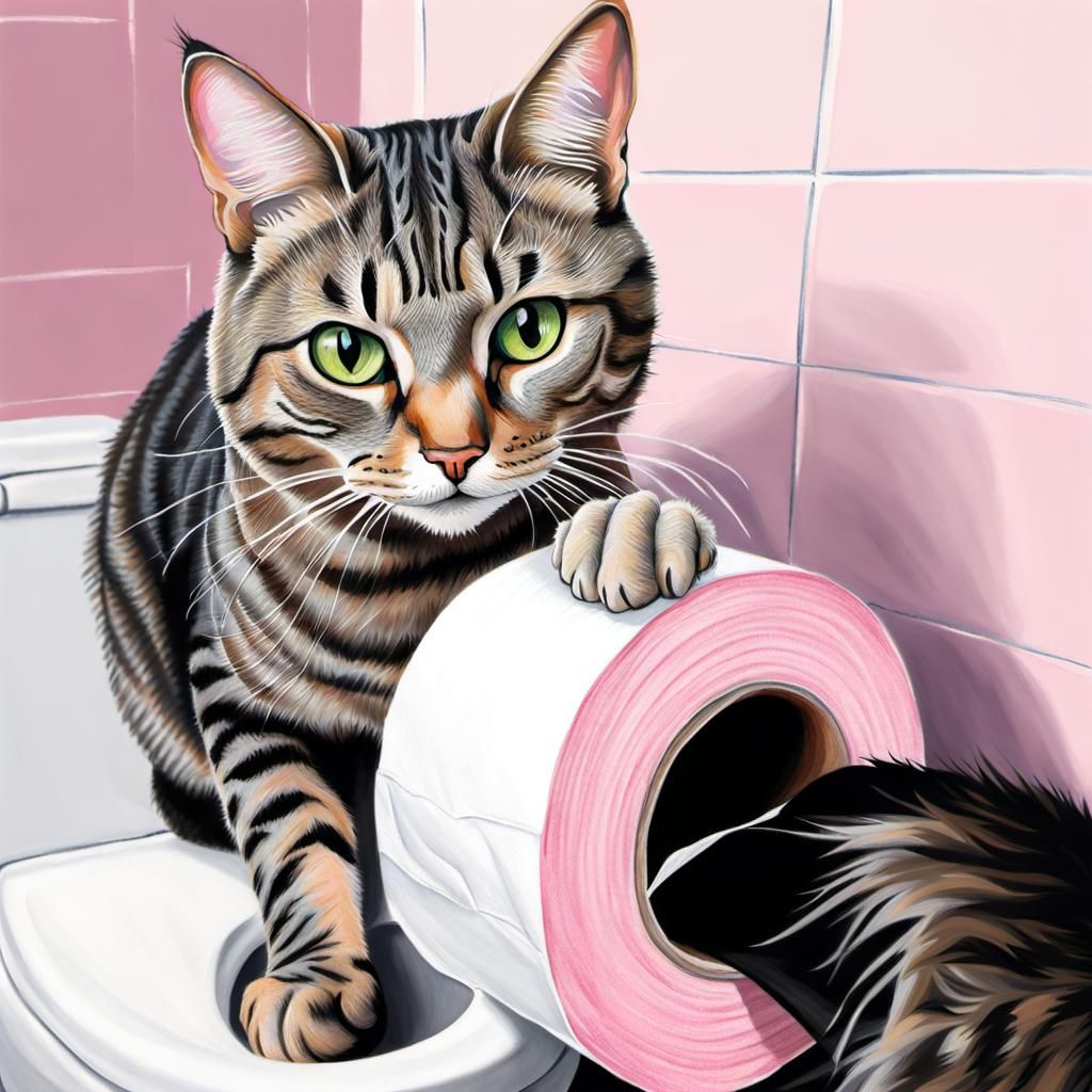 Tabby Cat Attacks Toilet Paper: Colored Pencil Art