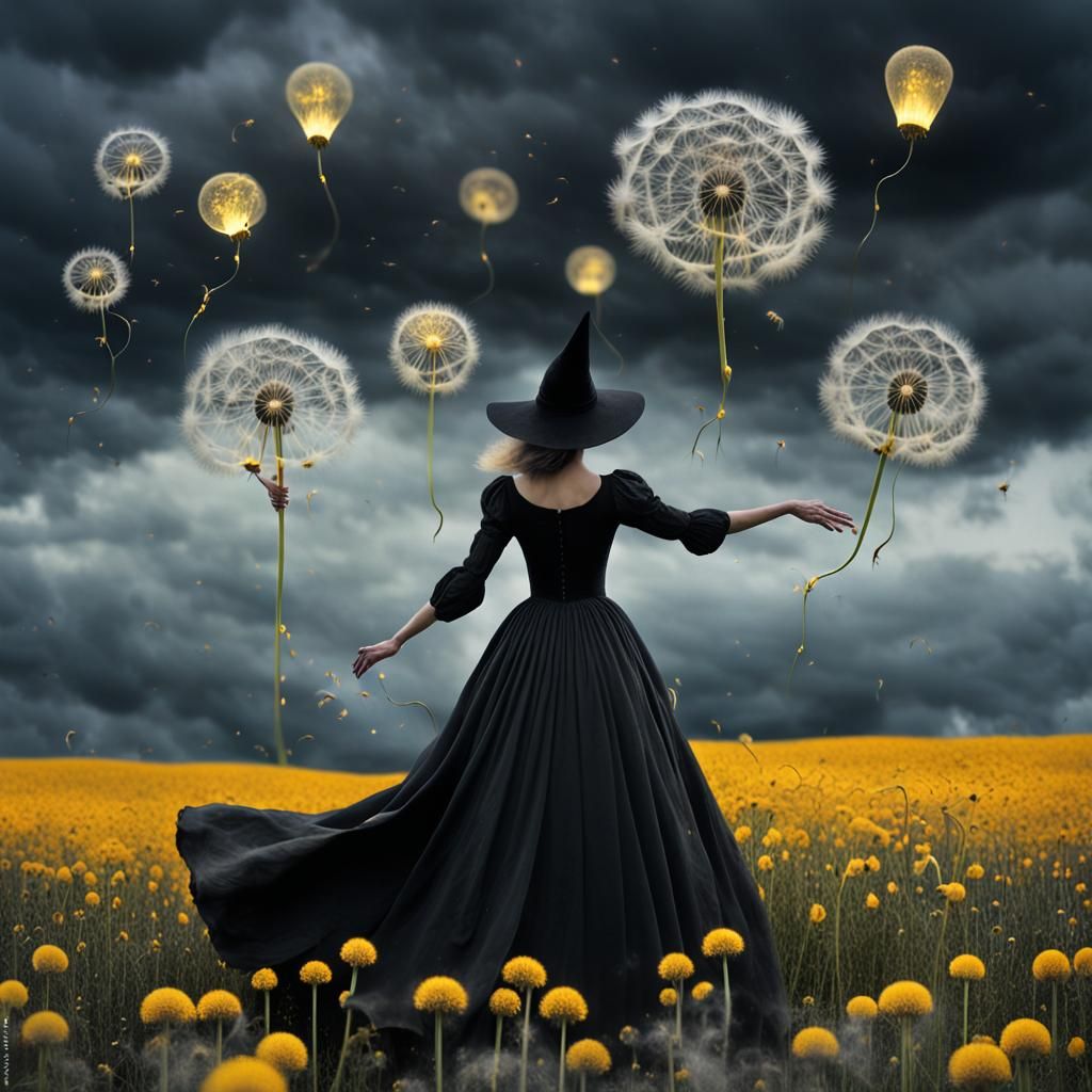 Surreal Witch Wishes in Dandelion Dreamscape