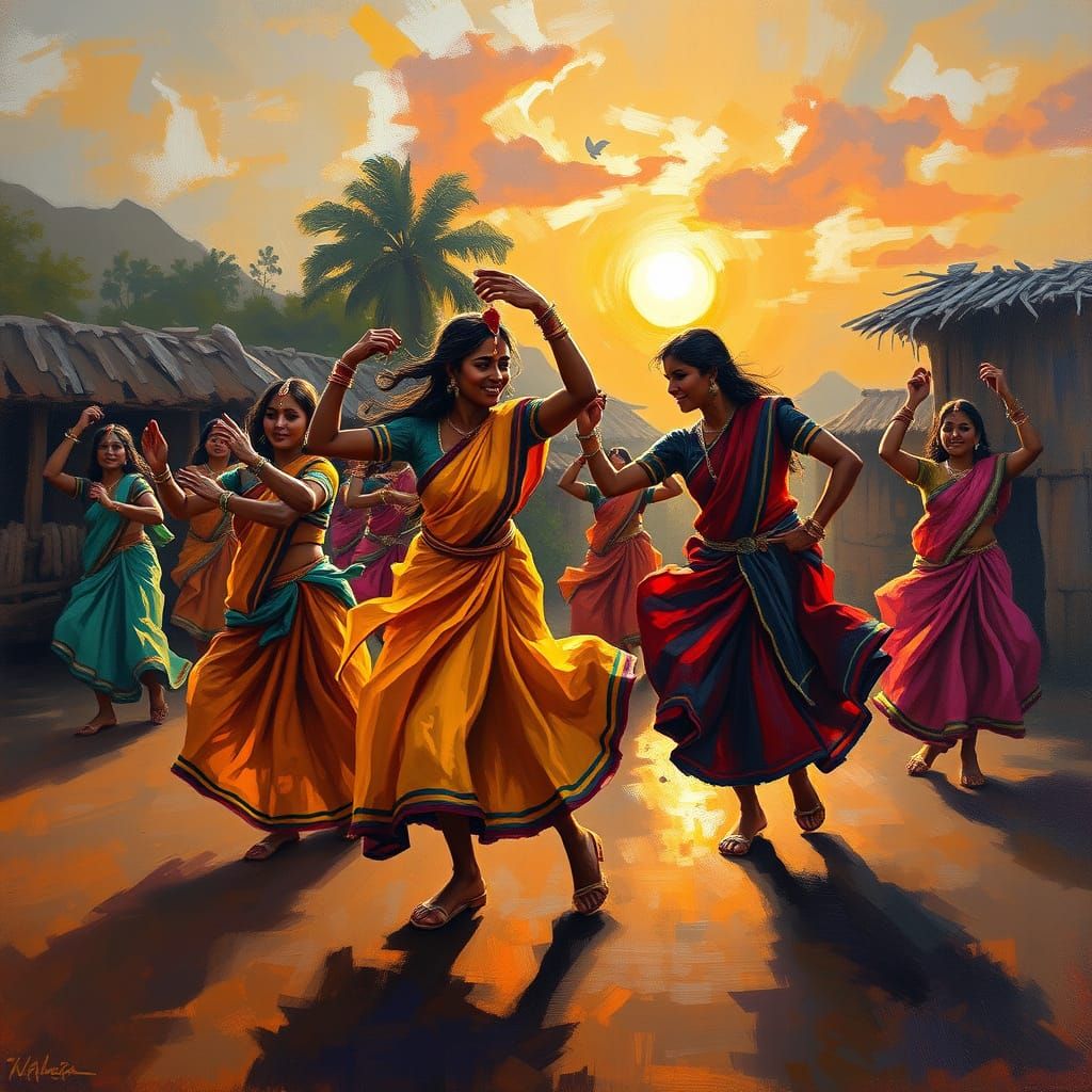Vibrant Indian Folk Dance in Golden Hour Oil Painting Style