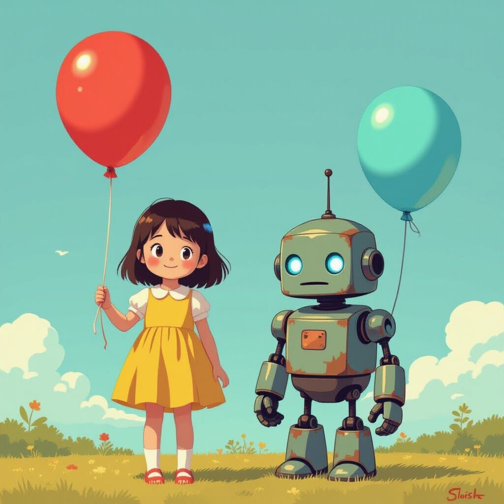 Girl and Robot with Balloons in Anime Style