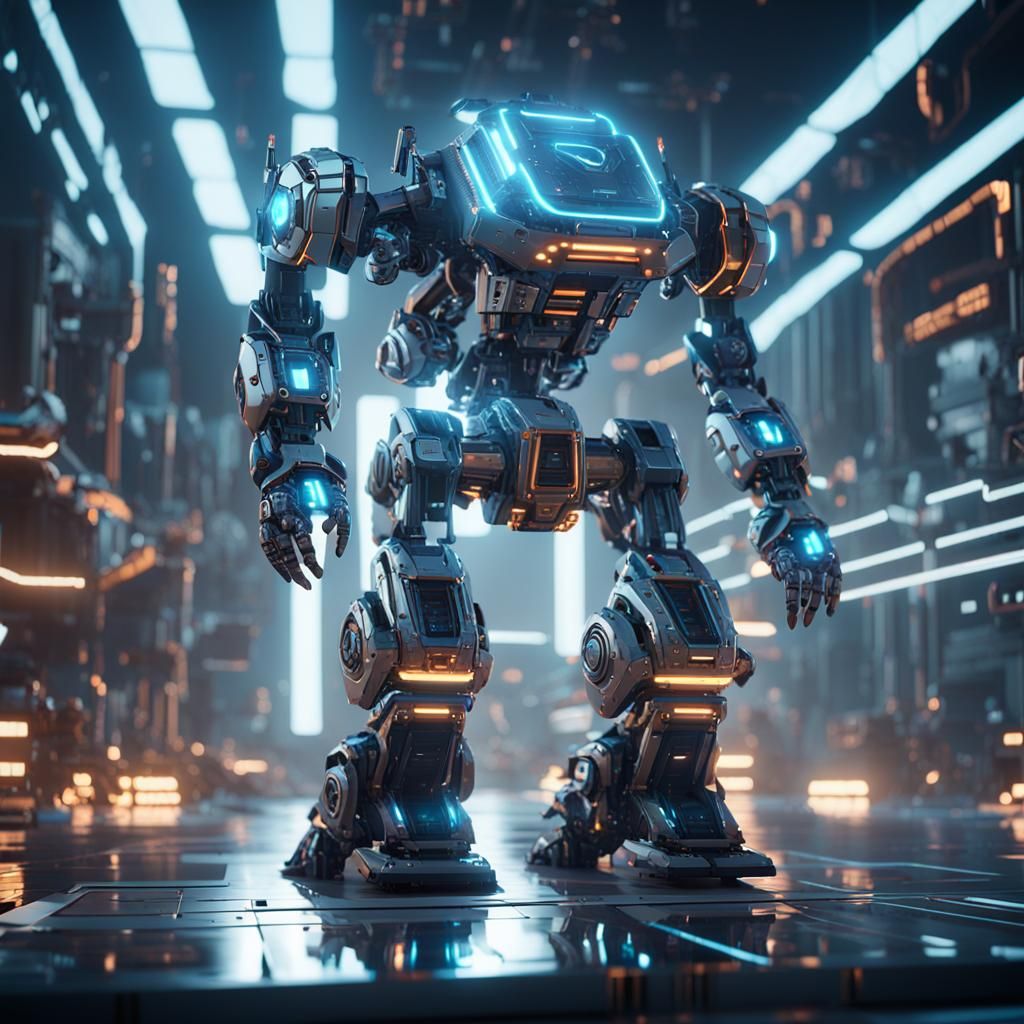 Futuristic Robot Controls Hologram Mech in Sci-Fi Style