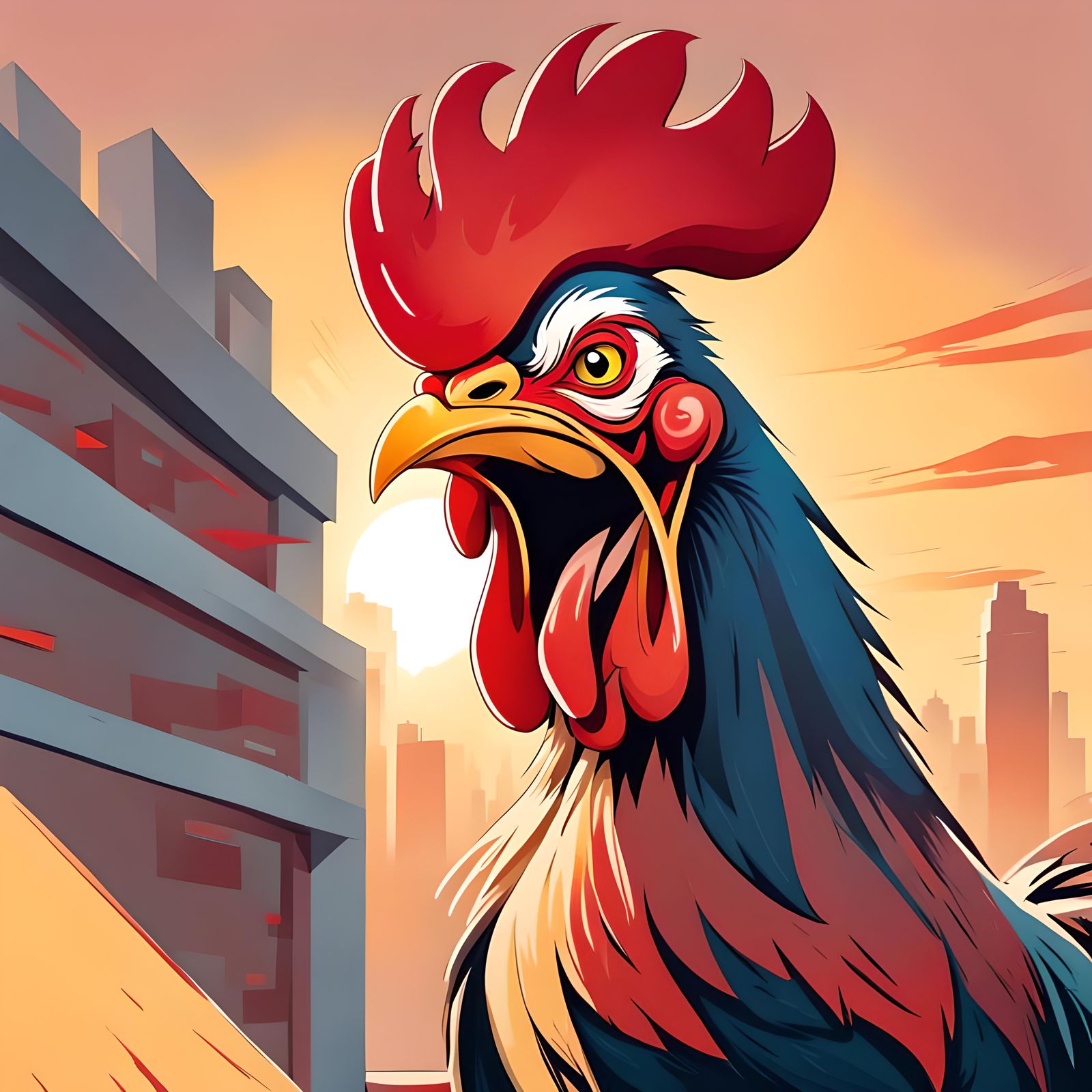 Cartoon Rooster Greets the Sunrise