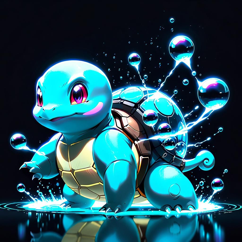Cyberpunk Squirtle with Neon Lights and Bubbles