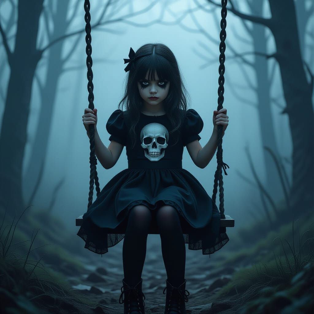 Eerie Girl on Swing in Foggy Forest Digital Painting