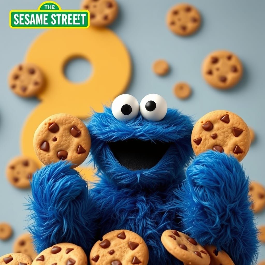 Cookie Monster on Sesame Street with Cookies and Number 8