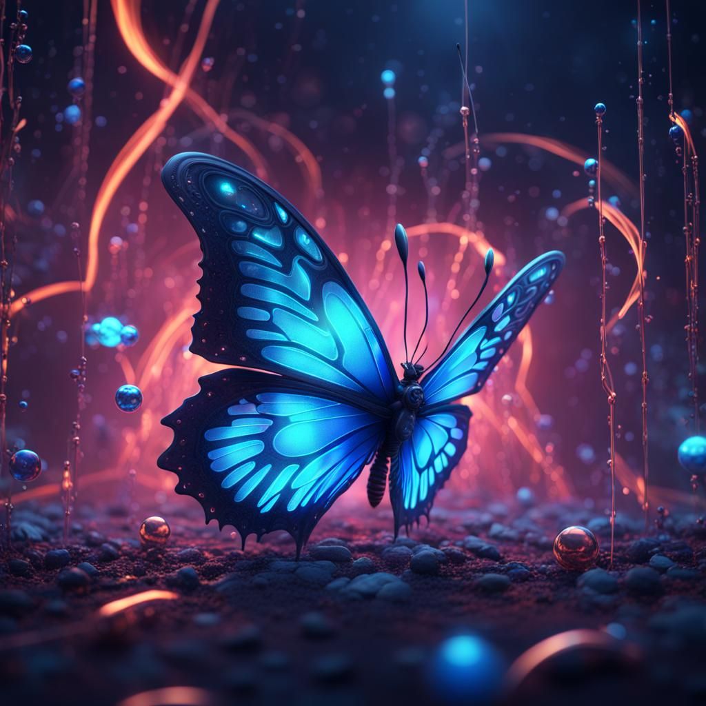 Blue Neon Butterfly with Bubbles and LOVE