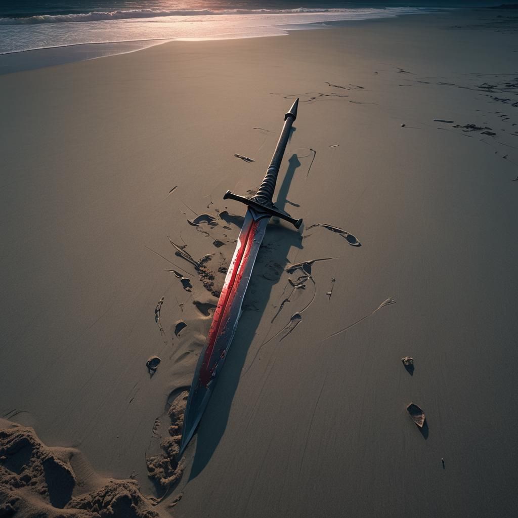 Blood Red Sword on a Moonlit Beach