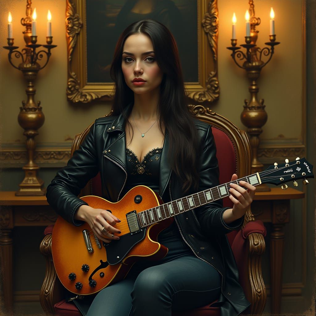 Rock Chic Mona Lisa Plays Electric Guitar in Renaissance-Ins...