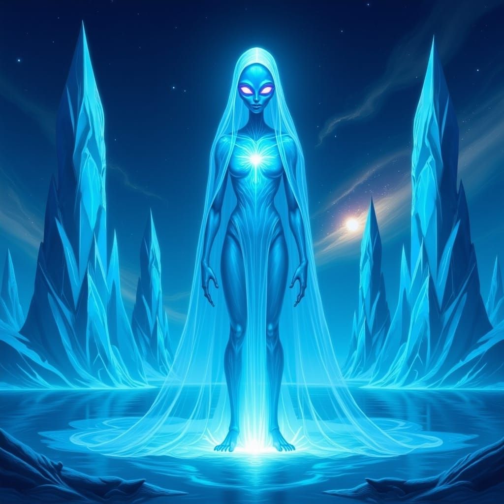 Bioluminescent Alien on Crystalline Plain in Digital Art Sty...