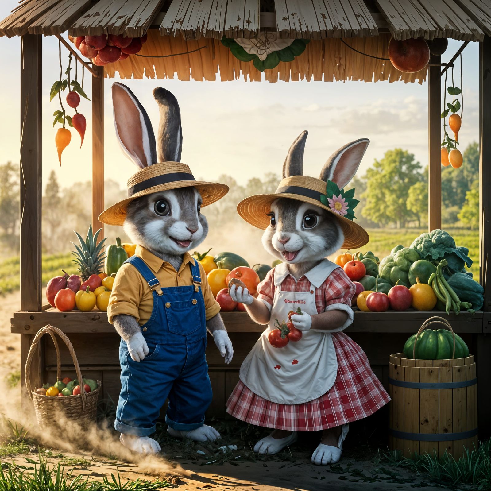 Cute Rabbit Farmers at Roadside Stand