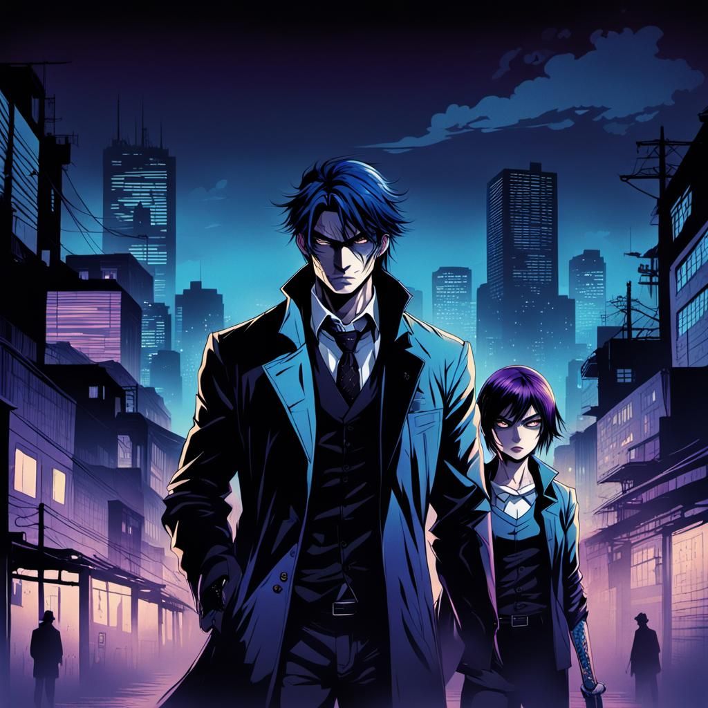 Mysterious Duo in Dark Anime Cityscape