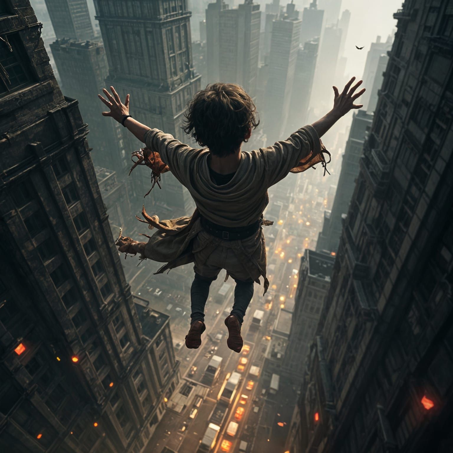 Boy Falling from Building in a Dystopian Cityscape