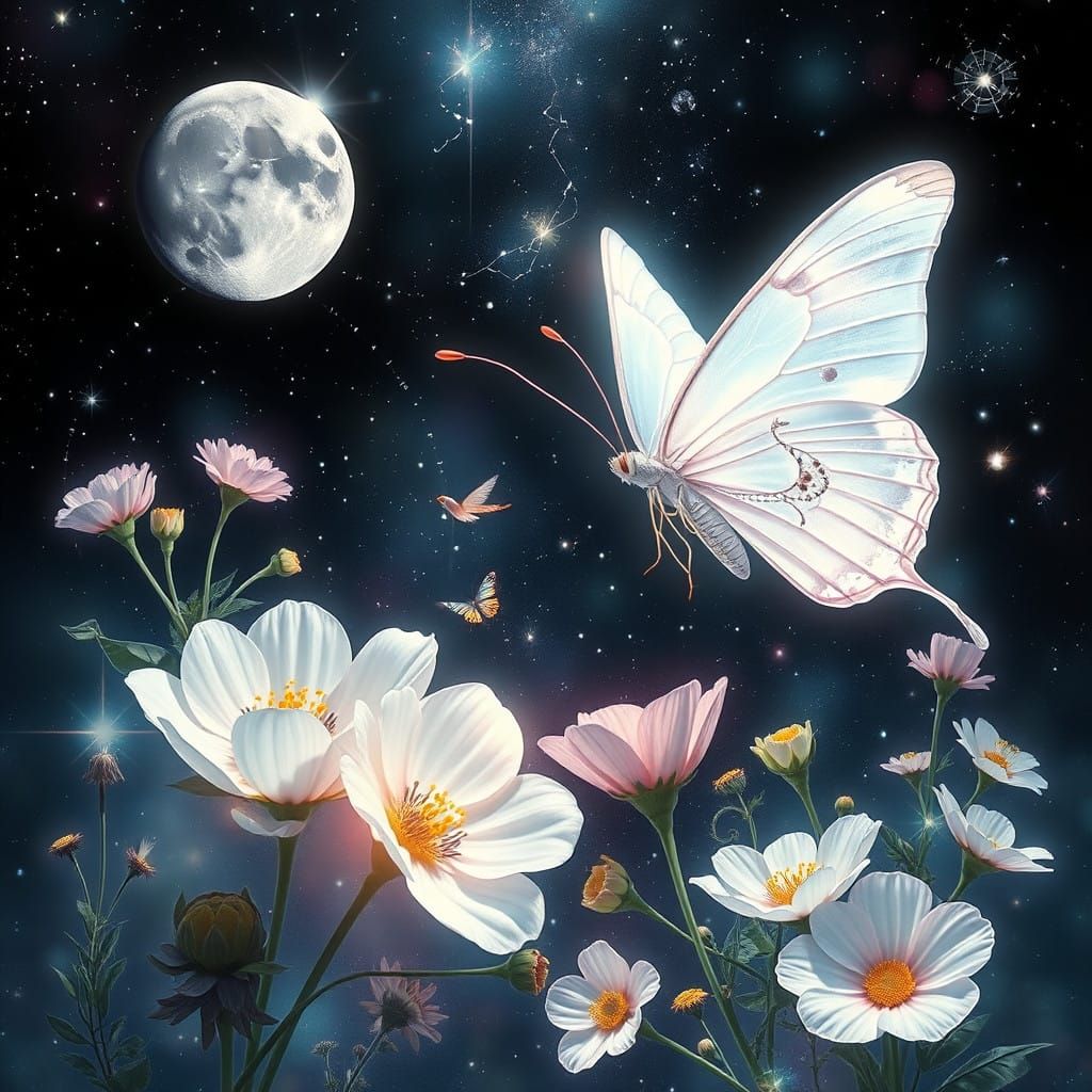 Whimsical Astral Goddess Among Cosmic Moon Flowers
