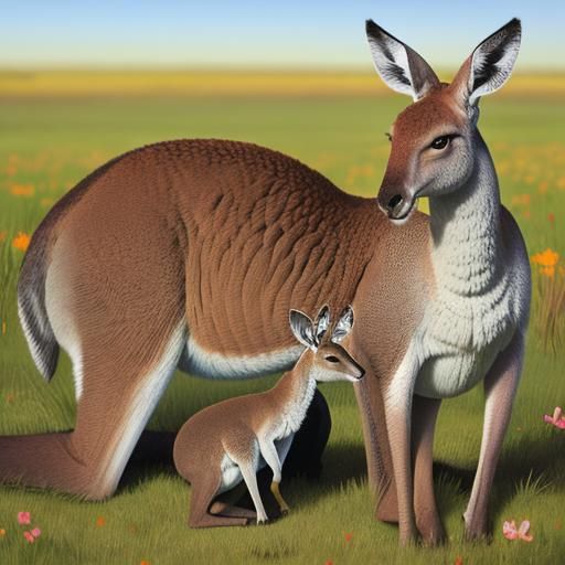Colorful Hyperrealistic Kangaroo with Joey
