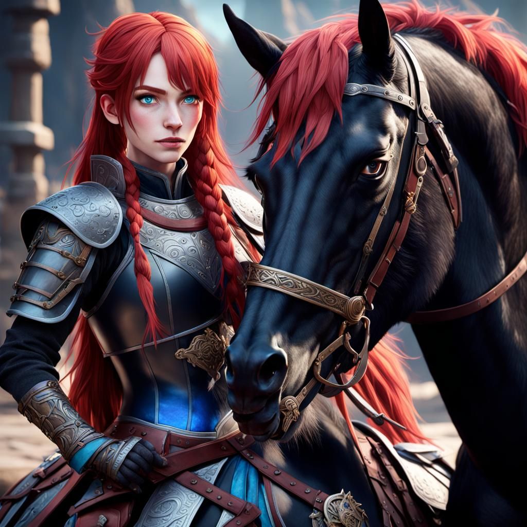 Anime-Style Girl Stands Beside Majestic Black Horse in Medie...