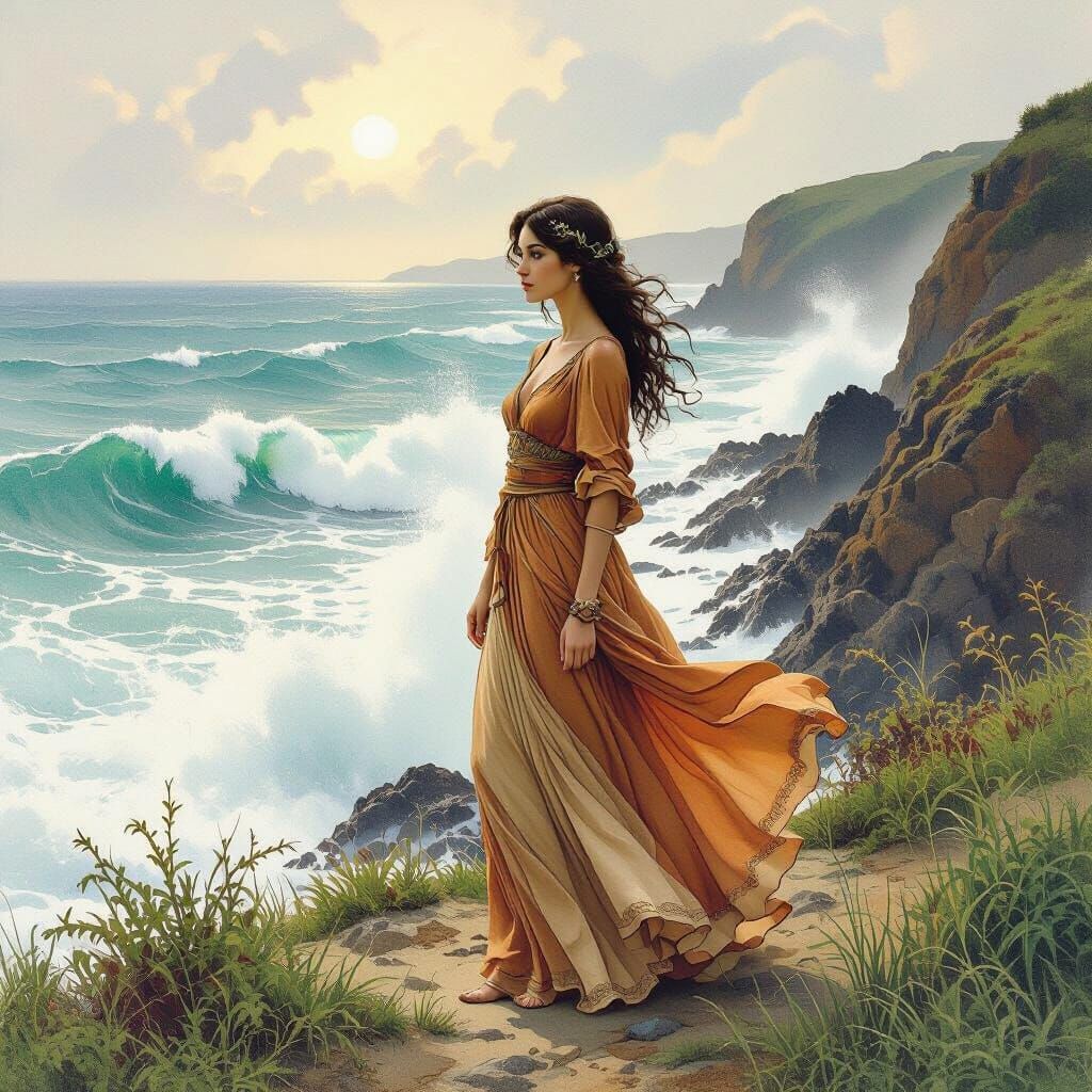 Woman at the Coastline in Romantic Style