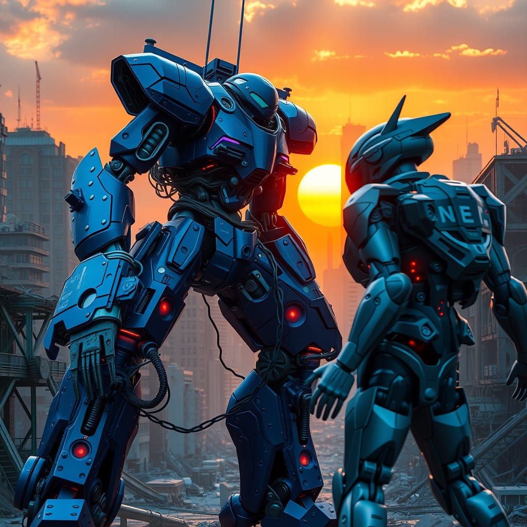 Mecha Battle in Dystopian City at Sunset