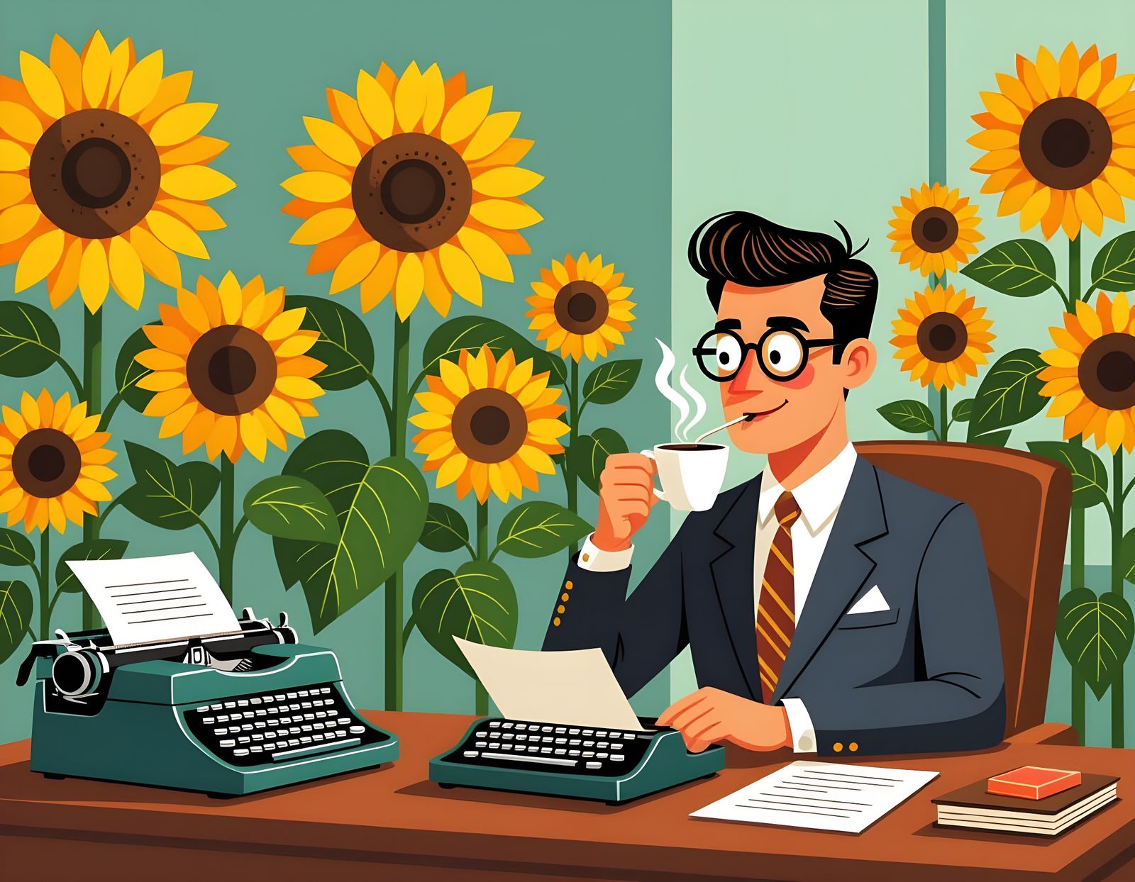 Sunflowers in Office: Espresso and Typewriters