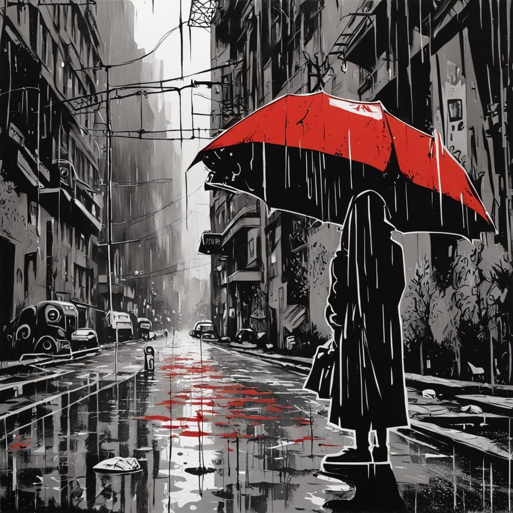 Girl in Red Dress Confronts Robot in Rainy City Street Art