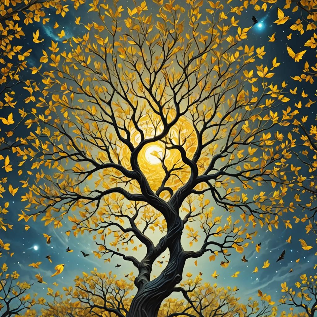 Cosmic Butterfly Tree with Astral Birds