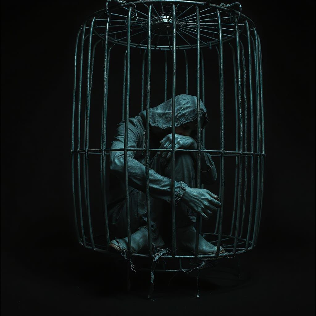Figure Trapped in Cage with Synthwave Accents
